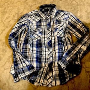 ELY 1878 blue and white pattern snap up long sleeve shirt